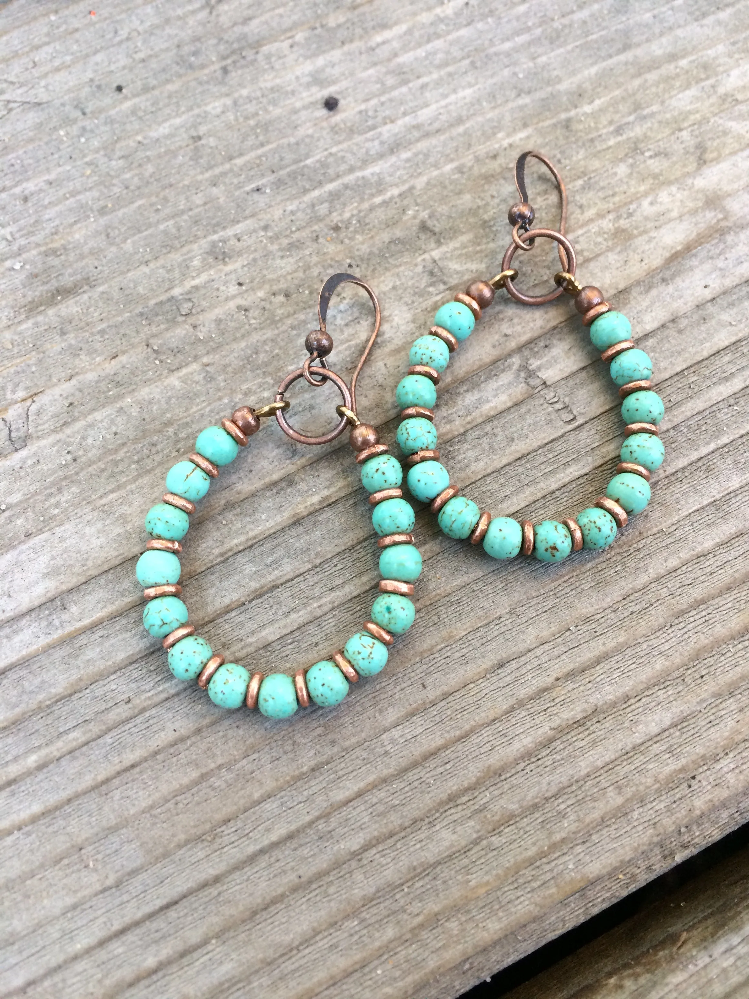 Turquoise Hoop Earrings, Copper and Turquoise Handmade Jewelry