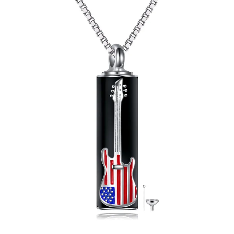 Urn Necklace for Ashes Sterling Silver Cremation Pendant Guitar American Flag Memorial Jewelry Gifts for Men Women