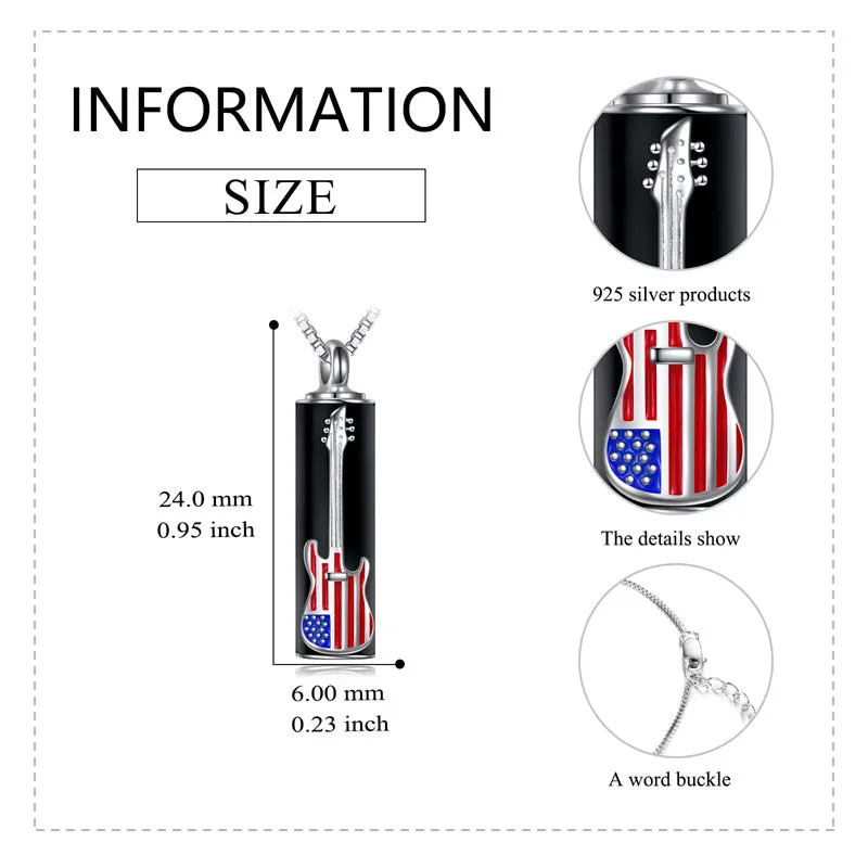 Urn Necklace for Ashes Sterling Silver Cremation Pendant Guitar American Flag Memorial Jewelry Gifts for Men Women