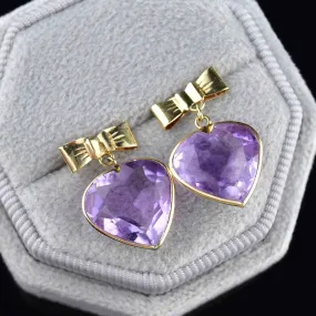 Vintage 14K Gold Bow Amethyst Heart Stud Drop Earrings