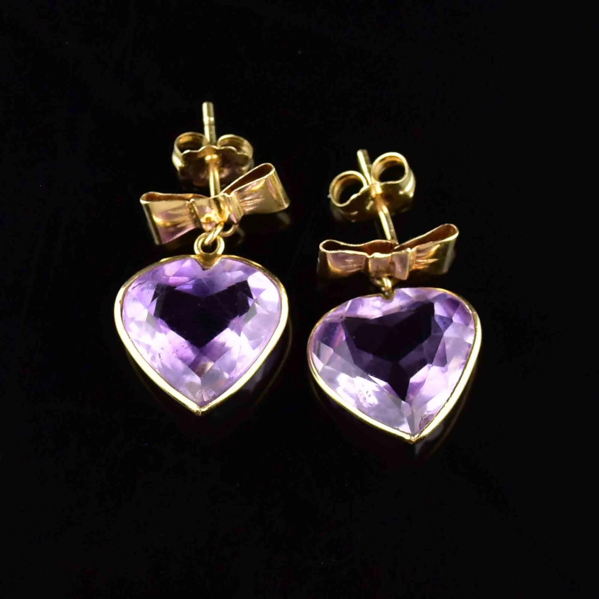 Vintage 14K Gold Bow Amethyst Heart Stud Drop Earrings