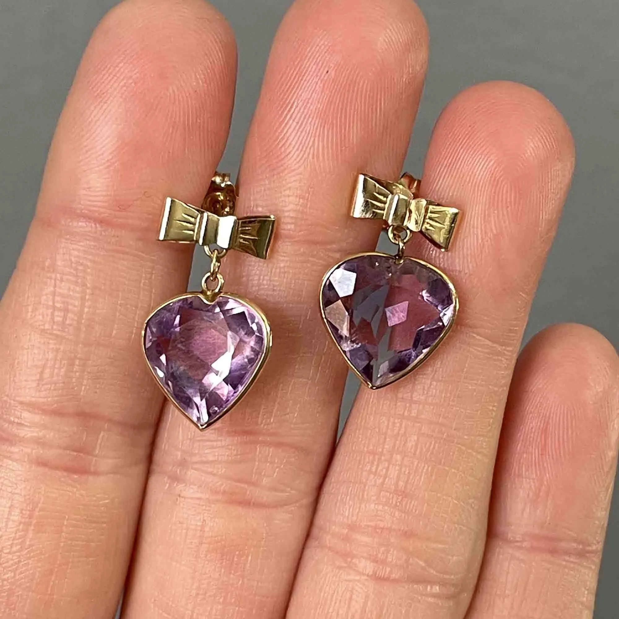 Vintage 14K Gold Bow Amethyst Heart Stud Drop Earrings