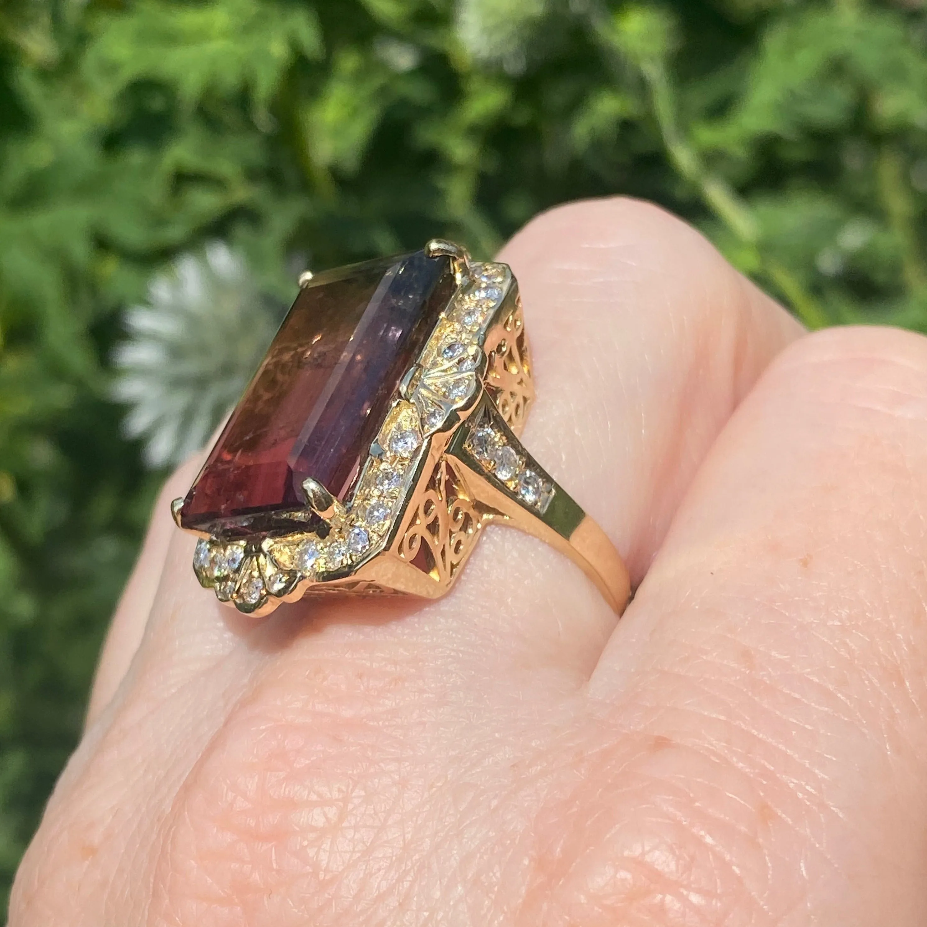 Vintage 14K Gold Watermelon Tourmaline and Diamond Ring