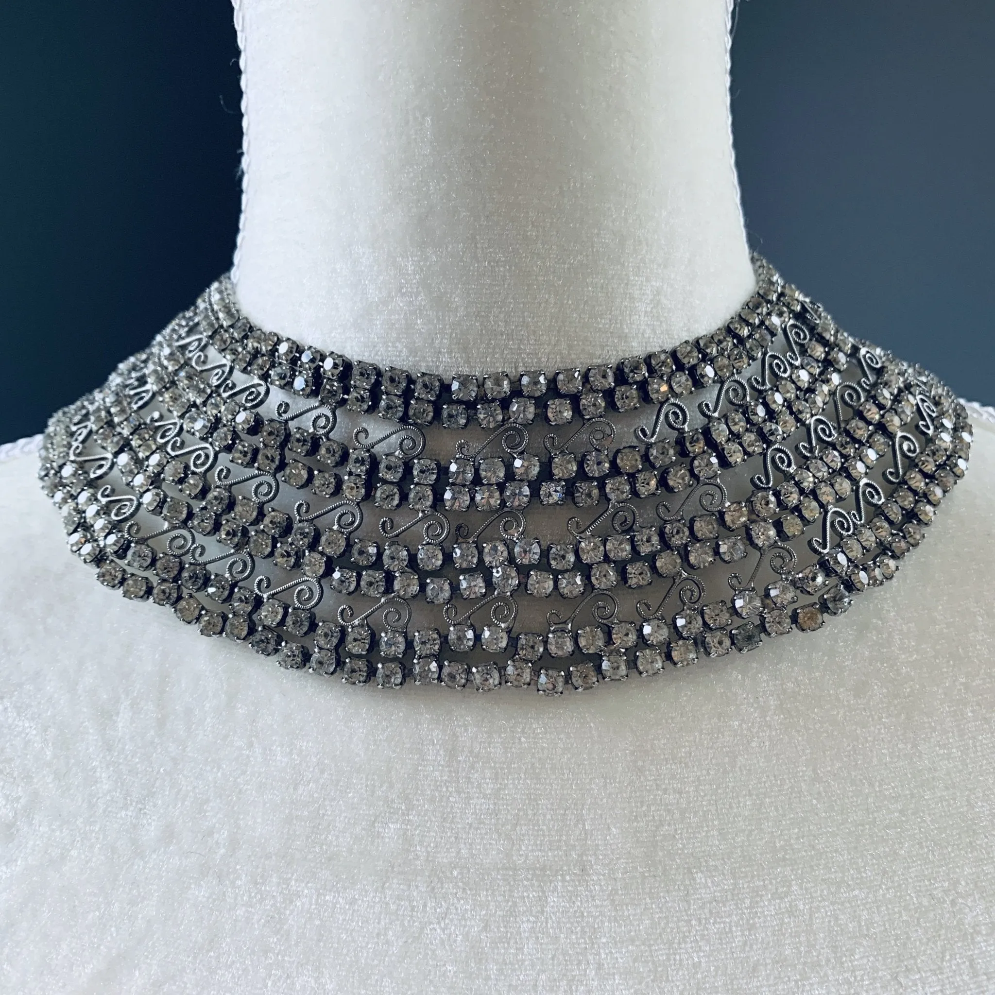 Vintage Rhinestone Collar Choker Necklace with 600 Rhinestones and Lace Filigree. Wedding Jewelry.