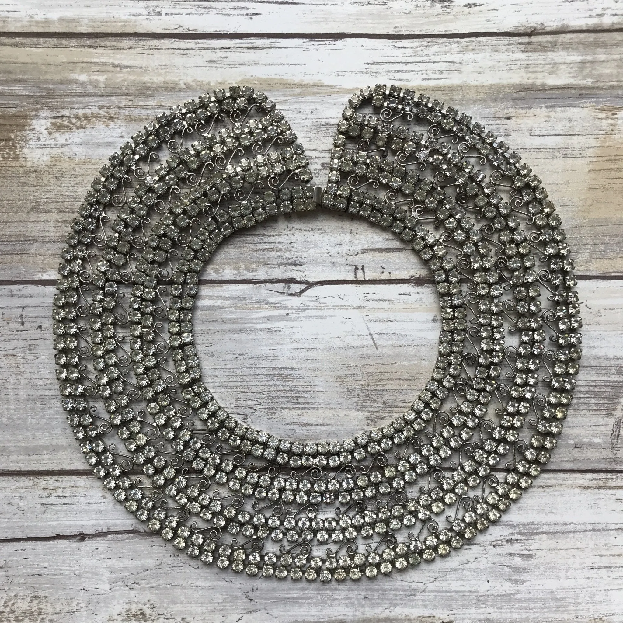 Vintage Rhinestone Collar Choker Necklace with 600 Rhinestones and Lace Filigree. Wedding Jewelry.