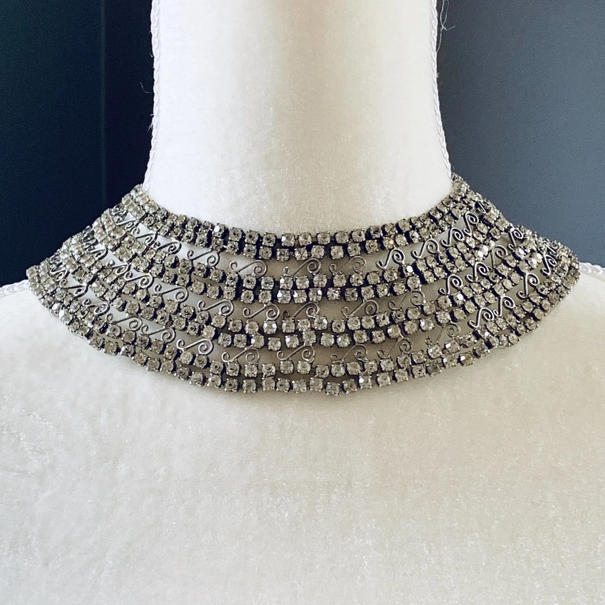 Vintage Rhinestone Collar Choker Necklace with 600 Rhinestones and Lace Filigree. Wedding Jewelry.