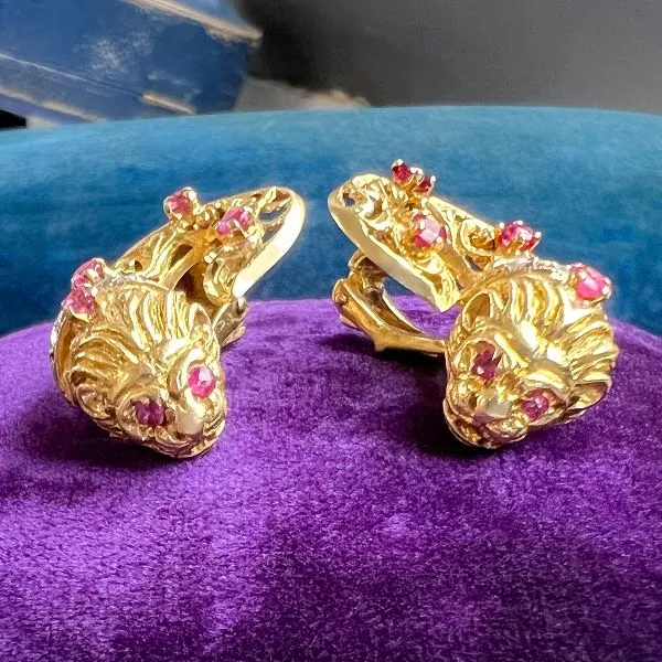 Vintage Ruby & Diamond Lion Earrings